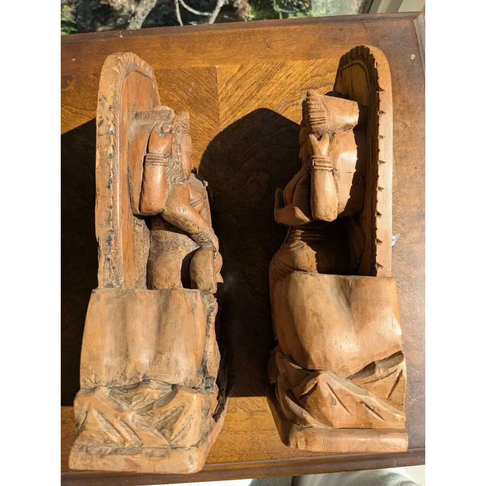 Pair Vintage Hand-Carved Wood Indian Goddess - Saraswati & Gayatri - 12